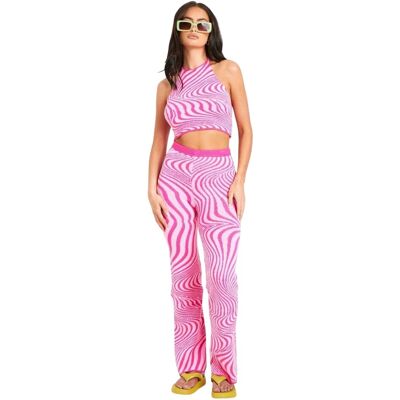 Missyempire Missy Empire Damesbroek met uitlopende pijpen en jacquardprint met wervelmotief (Roze) 34 Missyempire Missy Empire Damesbroek met uitlopende pijpen en jacquardprint met wervelmotief (Roze) 34