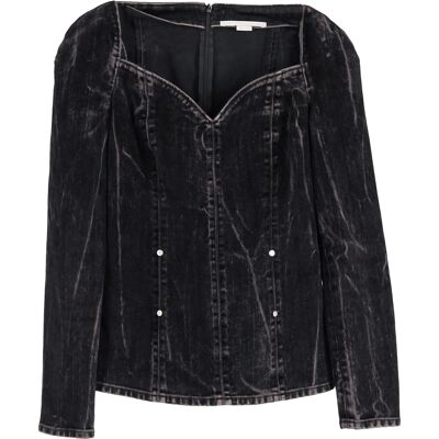 Stella McCartney Pre-owned Stella McCartney blouse van fluweel met flockprint in zwarte denim 34 Stella McCartney Pre-owned Stella McCartney blouse van fluweel met flockprint in zwarte denim 34