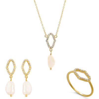 Orphelia 'Normandië' Dames 925 Sterling Zilveren Set: Ketting + Oorbellen + Ring - Gouden SET-7574/G L Orphelia 'Normandië' Dames 925 Sterling Zilveren Set: Ketting + Oorbellen + Ring - Gouden SET-7574/G L