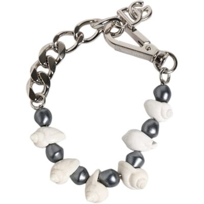 Dolce & Gabbana Zilverkleurige Messing Beaded Schelp DG Logo Hangertje Armband One Size Dolce & Gabbana Zilverkleurige Messing Beaded Schelp DG Logo Hangertje Armband One Size