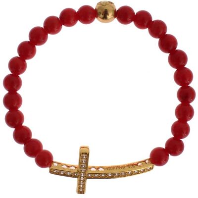 Nialaya Rode Koraal Gouden CZ Kruis 925 Zilveren Armband M Nialaya Rode Koraal Gouden CZ Kruis 925 Zilveren Armband M