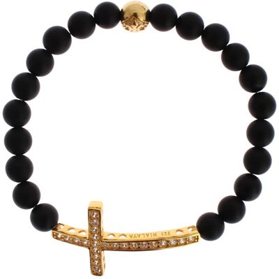 Nialaya Matte Onyx Steen Gouden CZ Kruis 925 Zilveren Armband S Nialaya Matte Onyx Steen Gouden CZ Kruis 925 Zilveren Armband S