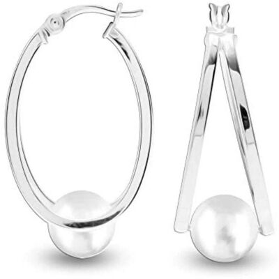 Bibei Vrouwen Ovale Hoops met Witte Parel, 925 Sterling Zilver BIPE030 One Size Bibei Vrouwen Ovale Hoops met Witte Parel, 925 Sterling Zilver BIPE030 One Size