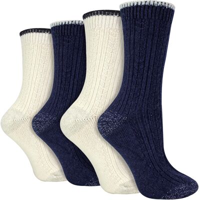 Wildfeet - 4-Paar Dames Kabel Brei Sokken Lurex Glittersokken voor Vrouwen - Blauw / crème 37 - 42 Wildfeet - 4-Paar Dames Kabel Brei Sokken Lurex Glittersokken voor Vrouwen - Blauw / crème 37 - 42