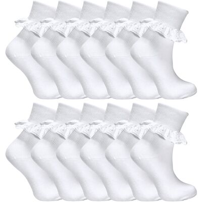 Sock Snob 12 Paar Witte Frilly Lace Sokken 7 Maten Sok Snob - Wit 12-13J / 152-158cm Sock Snob 12 Paar Witte Frilly Lace Sokken 7 Maten Sok Snob - Wit 12-13J / 152-158cm