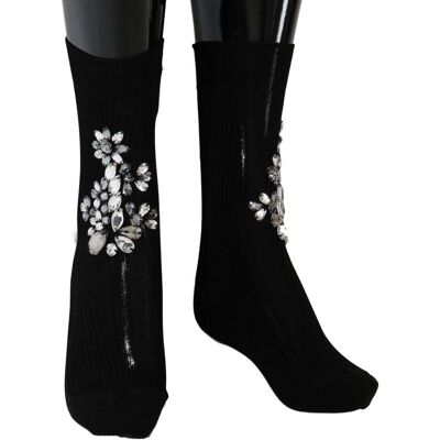 Dolce & Gabbana Zwarte Gebreide Bloemige Heldere Kristal Kousen M Dolce & Gabbana Zwarte Gebreide Bloemige Heldere Kristal Kousen M