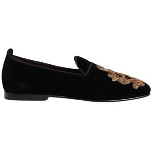Dolce & Gabbana Zwarte Fluwelen Gouden Kroon Heren Instappers 40 Dolce & Gabbana Zwarte Fluwelen Gouden Kroon Heren Instappers 40