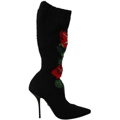 Dolce & Gabbana Zwarte Reksokken Rode Rozen Enkellaarsjes Dameschoenen 39 Dolce & Gabbana Zwarte Reksokken Rode Rozen Enkellaarsjes Dameschoenen 39