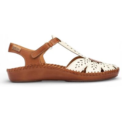 Pikolinos dames sandalen met sleehak, gemaakt van bruin en crèmekleurig leer - P-Vallarta 42 Pikolinos dames sandalen met sleehak, gemaakt van bruin en crèmekleurig leer - P-Vallarta 42