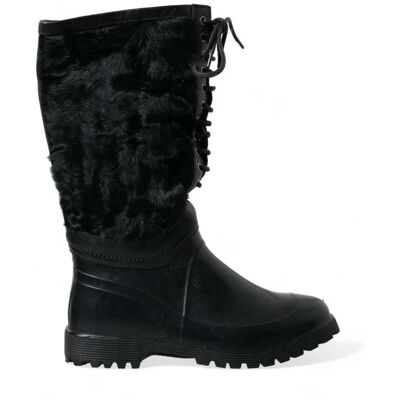 Dolce & Gabbana Zwarte Rubber Veterschoenen met Schapenvacht Regenboots 42 Dolce & Gabbana Zwarte Rubber Veterschoenen met Schapenvacht Regenboots 42