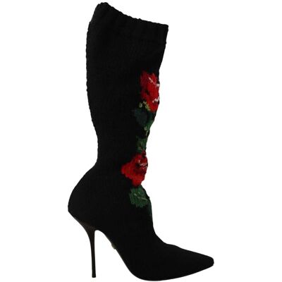 Dolce & Gabbana Zwarte Reksokken Rode Rozen Laarsjes Schoenen 40 Dolce & Gabbana Zwarte Reksokken Rode Rozen Laarsjes Schoenen 40