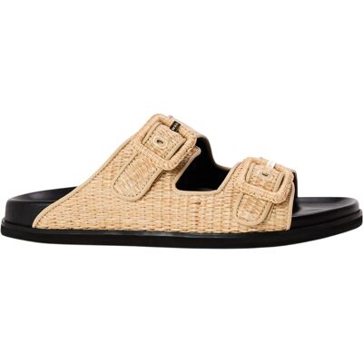 Boss Dames Freyah Raffia Dubbele Gesp Platte Slippers (Licht Beige) 39 Boss Dames Freyah Raffia Dubbele Gesp Platte Slippers (Licht Beige) 39