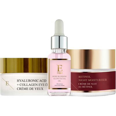 Erth Skin London Retinol Nachtcrème 50 ml + Hyaluronzuur + Collageen Pro Age Oogcrème 30 ml + Rozenbloesem Glow Gezichtsolie 30 ml One Size Erth Skin London Retinol Nachtcrème 50 ml + Hyaluronzuur + Collageen Pro Age Oogcrème 30 ml + Rozenbloesem Glow Gezichtsolie 30 ml One Size