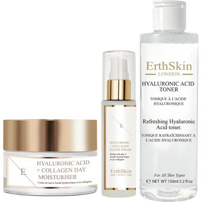 Erth Skin London Verfrissende hyaluronzuurtoner 150 ml + hyaluronzuur- en collageenserum - 60 ml + hyaluronzuur- en collageendagcrème 50 ml One Size Erth Skin London Verfrissende hyaluronzuurtoner 150 ml + hyaluronzuur- en collageenserum - 60 ml + hyaluronzuur- en collageendagcrème 50 ml One Size