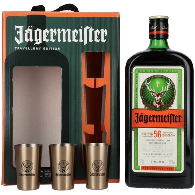 Jägermeister TRAVELLERS' EXCLUSIVE 35% Vol. 1l in geschenkverpakking met 3 Metal Shot Cups Jägermeister TRAVELLERS' EXCLUSIVE 35% Vol. 1l in geschenkverpakking met 3 Metal Shot Cups