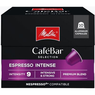 Melitta CaféBar Selection Espresso Intense 10 capsules voor Nespresso Donkere branding Intens 5/5 Zeer weinig zuurgraad, krachtige smaak Melitta CaféBar Selection Espresso Intense 10 capsules voor Nespresso Donkere branding Intens 5/5 Zeer weinig zuurgraad, krachtige smaak