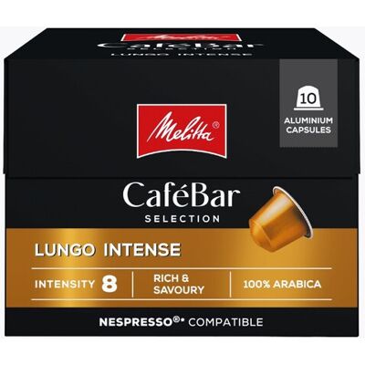 Melitta CaféBar Selection Lungo Intense 10 capsules Nespresso compatibel Donker gebrand 100% Arabica Lage aciditeit Intens smaakprofiel Melitta CaféBar Selection Lungo Intense 10 capsules Nespresso compatibel Donker gebrand 100% Arabica Lage aciditeit Intens smaakprofiel