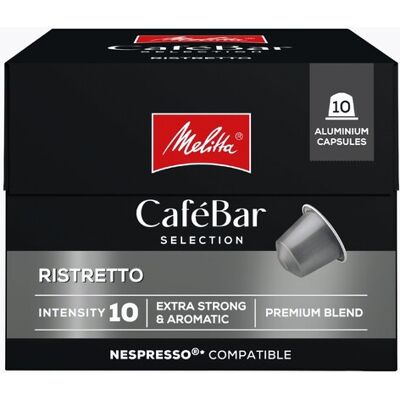 Melitta CaféBar Selection Ristretto 10 stuks Nespresso compatibel Donker gebrand voor intense smaak, lage zuurgraad en krachtig karakter Melitta CaféBar Selection Ristretto 10 stuks Nespresso compatibel Donker gebrand voor intense smaak, lage zuurgraad en krachtig karakter