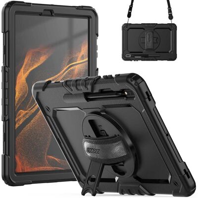 Accezz Rugged Backcover met schouderstrap voor de Samsung Galaxy Tab S8 Plus / S7 Plus / S7 FE 5G - Zwart Accezz Rugged Backcover met schouderstrap voor de Samsung Galaxy Tab S8 Plus / S7 Plus / S7 FE 5G - Zwart