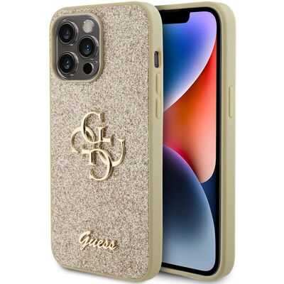 Guess 4G Metal Logo Glitter Backcover voor de Apple iPhone 15 Pro Max - Goud Guess 4G Metal Logo Glitter Backcover voor de Apple iPhone 15 Pro Max - Goud