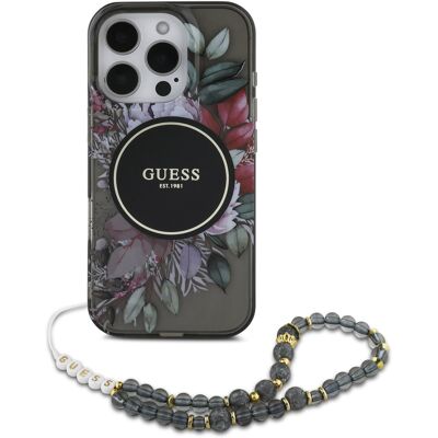 Guess MagSafe IML Flowers Case met beads strap voor de Apple iPhone 16 Pro Max - Zwart Guess MagSafe IML Flowers Case met beads strap voor de Apple iPhone 16 Pro Max - Zwart
