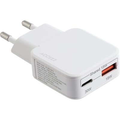 Accezz Ultra Slim GaN Oplader - USB-C + USB-A - 30W - Wit Accezz Ultra Slim GaN Oplader - USB-C + USB-A - 30W - Wit