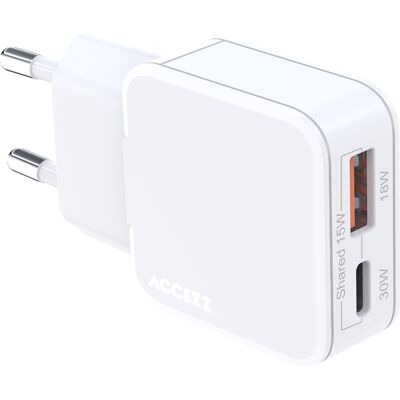 Accezz Ultra Slim GaN Oplader - USB-C + USB-A - 30W - Wit Accezz Ultra Slim GaN Oplader - USB-C + USB-A - 30W - Wit