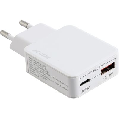 Accezz Ultra Slim GaN Oplader - USB-C + USB-A - 45W - Wit Accezz Ultra Slim GaN Oplader - USB-C + USB-A - 45W - Wit