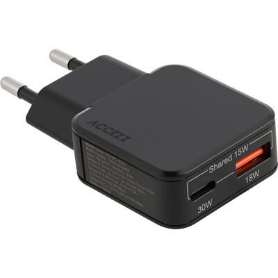 Accezz Ultra Slim GaN Oplader - USB-C + USB-A - 30W - Zwart Accezz Ultra Slim GaN Oplader - USB-C + USB-A - 30W - Zwart