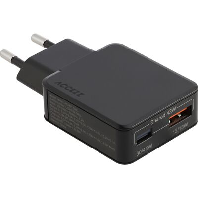 Accezz Ultra Slim GaN Oplader - USB-C + USB-A - 45W - Zwart Accezz Ultra Slim GaN Oplader - USB-C + USB-A - 45W - Zwart