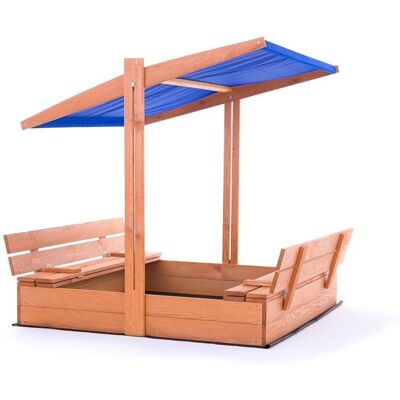 Viking Veilige houten zandbak 120x120 cm met verstelbaar dak en bankjes - Blauw Viking Veilige houten zandbak 120x120 cm met verstelbaar dak en bankjes - Blauw