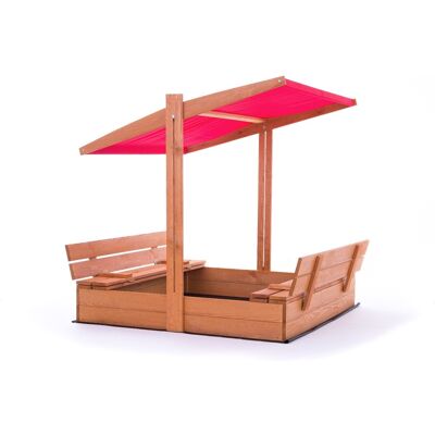 Viking Veilige houten zandbak 120x120 cm met rood dak en bankjes - ideaal voor kinderen Viking Veilige houten zandbak 120x120 cm met rood dak en bankjes - ideaal voor kinderen