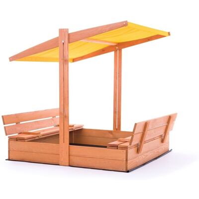 Viking Veilige houten zandbak met verstelbaar dak en bankjes - 120x120 cm - geel Viking Veilige houten zandbak met verstelbaar dak en bankjes - 120x120 cm - geel