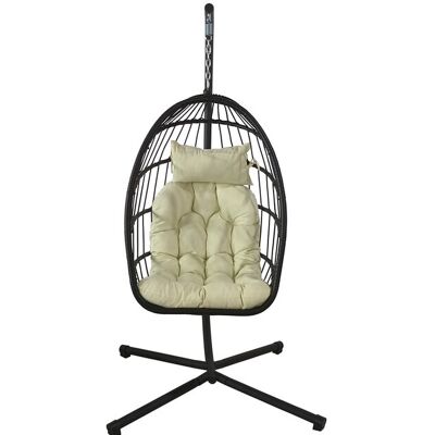 Viking Moderne zwarte egg chair met beige kussens - Design hangstoel voor binnen en buiten Viking Moderne zwarte egg chair met beige kussens - Design hangstoel voor binnen en buiten