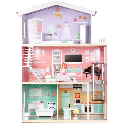 Houten poppenhuis met lift - 114 cm hoog - 3 speelverdiepingen - inclusief 10 meubelstukken Houten poppenhuis met lift - 114 cm hoog - 3 speelverdiepingen - inclusief 10 meubelstukken