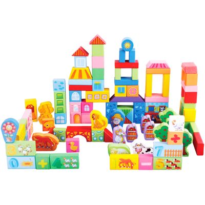 ECOTOYS Houten blokken boerderij - 100 stuks - kleurrijk ECOTOYS Houten blokken boerderij - 100 stuks - kleurrijk