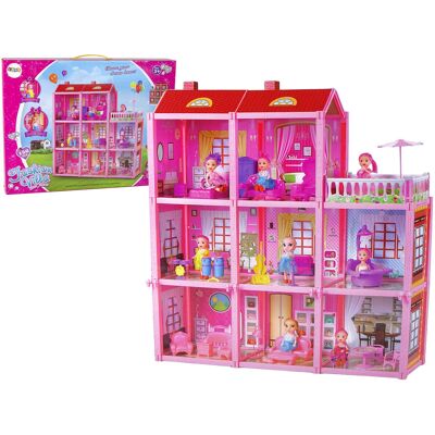 LEAN Toys Poppenhuis Willa - 63x17x65cm - met meubels en poppetjes - roze LEAN Toys Poppenhuis Willa - 63x17x65cm - met meubels en poppetjes - roze