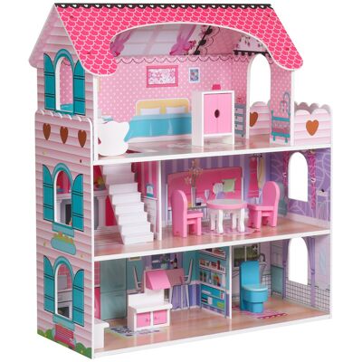 LEAN Toys Houten poppenhuis Bianca - 70x62x27cm - met meubels - roze LEAN Toys Houten poppenhuis Bianca - 70x62x27cm - met meubels - roze