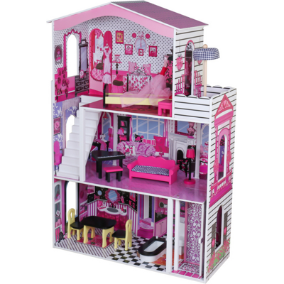 LEAN Toys Houten poppenhuis Camellia - 79x29,5x116cm - met meubels - roze LEAN Toys Houten poppenhuis Camellia - 79x29,5x116cm - met meubels - roze