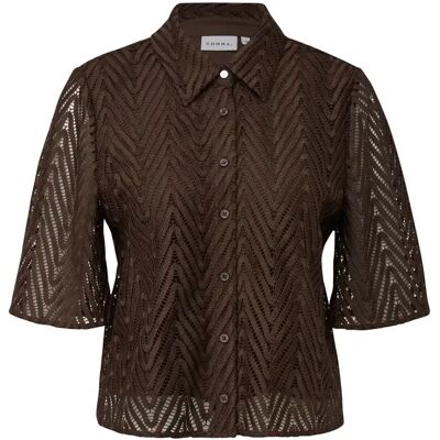 Kantblouse met overhemdkraag en driekwartmouwen dames COMMA Marron 32 Kantblouse met overhemdkraag en driekwartmouwen dames COMMA Marron 32