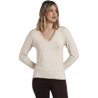 Satijnen T-shirt met lange mouwen en V-hals voor vrouwen Admas Beige XL Satijnen T-shirt met lange mouwen en V-hals voor vrouwen Admas Beige XL