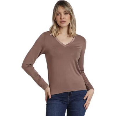 Satijnen T-shirt met lange mouwen en V-hals voor vrouwen Admas Beige S Satijnen T-shirt met lange mouwen en V-hals voor vrouwen Admas Beige S