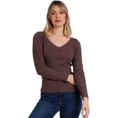 Geribbelde romantische T-shirt met lange mouwen voor dames Admas Marron XL Geribbelde romantische T-shirt met lange mouwen voor dames Admas Marron XL