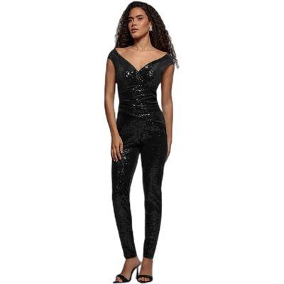 Dames jumpsuit Goddiva Sequin Velvet Bardot Noir 40 Dames jumpsuit Goddiva Sequin Velvet Bardot Noir 40