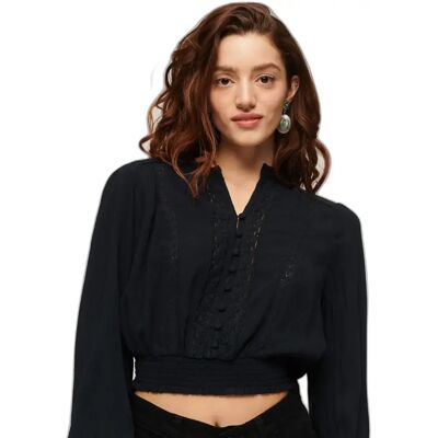 Damesblouse met lange mouwen en kanten randje Superdry Bleu S Damesblouse met lange mouwen en kanten randje Superdry Bleu S
