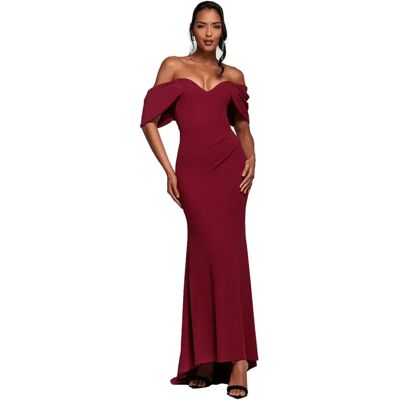 Lang Maxi Jurk Met Off-Shoulder En Drapé Mouwen Dames Goddiva Rouge 38 Lang Maxi Jurk Met Off-Shoulder En Drapé Mouwen Dames Goddiva Rouge 38