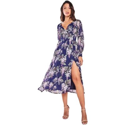 Damesjurk met lange mouwen Goddiva Printed Lurex Chiffon Midi Bleu 38 Damesjurk met lange mouwen Goddiva Printed Lurex Chiffon Midi Bleu 38