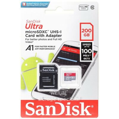 SanDisk Ultra MicroSD Incl. SD Adapter-200GB 100MB/S (Diversen) Gebruikt SanDisk Ultra MicroSD Incl. SD Adapter-200GB 100MB/S (Diversen) Gebruikt