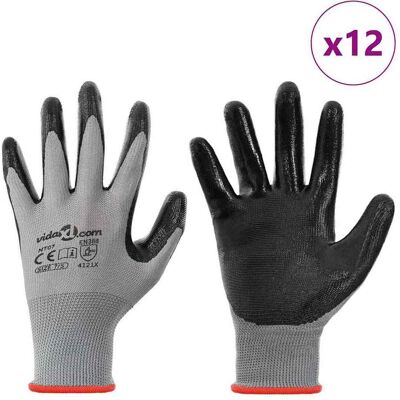 vidaXL Werkhandschoenen 12 st Grijs en zwart 7 / S Polyester vidaXL Werkhandschoenen 12 st Grijs en zwart 7 / S Polyester