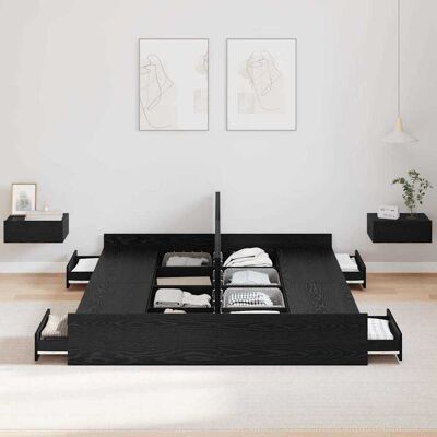 vidaXL Opbergbedframe met lade Zwart Eiken 140 x 190 cm Bewerkt hout vidaXL Opbergbedframe met lade Zwart Eiken 140 x 190 cm Bewerkt hout